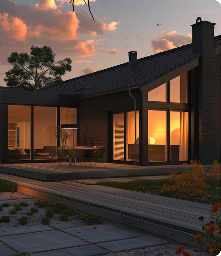 Modern home at dusk with warm interior lighting